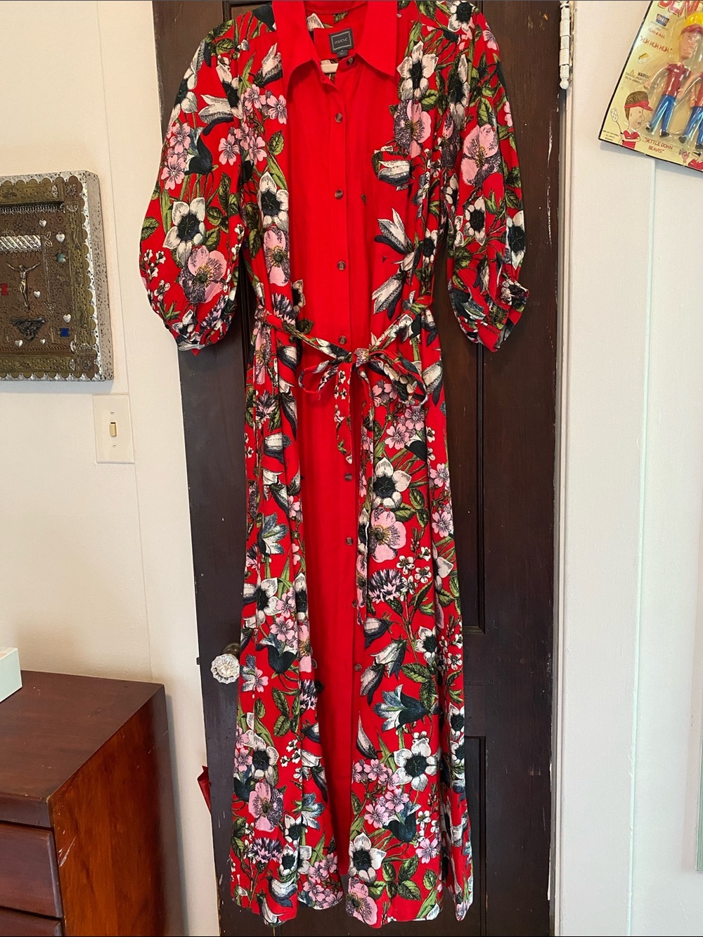 Anthropologie Maeve Red Floral Button-Front Maxi Dress with Tie Waist